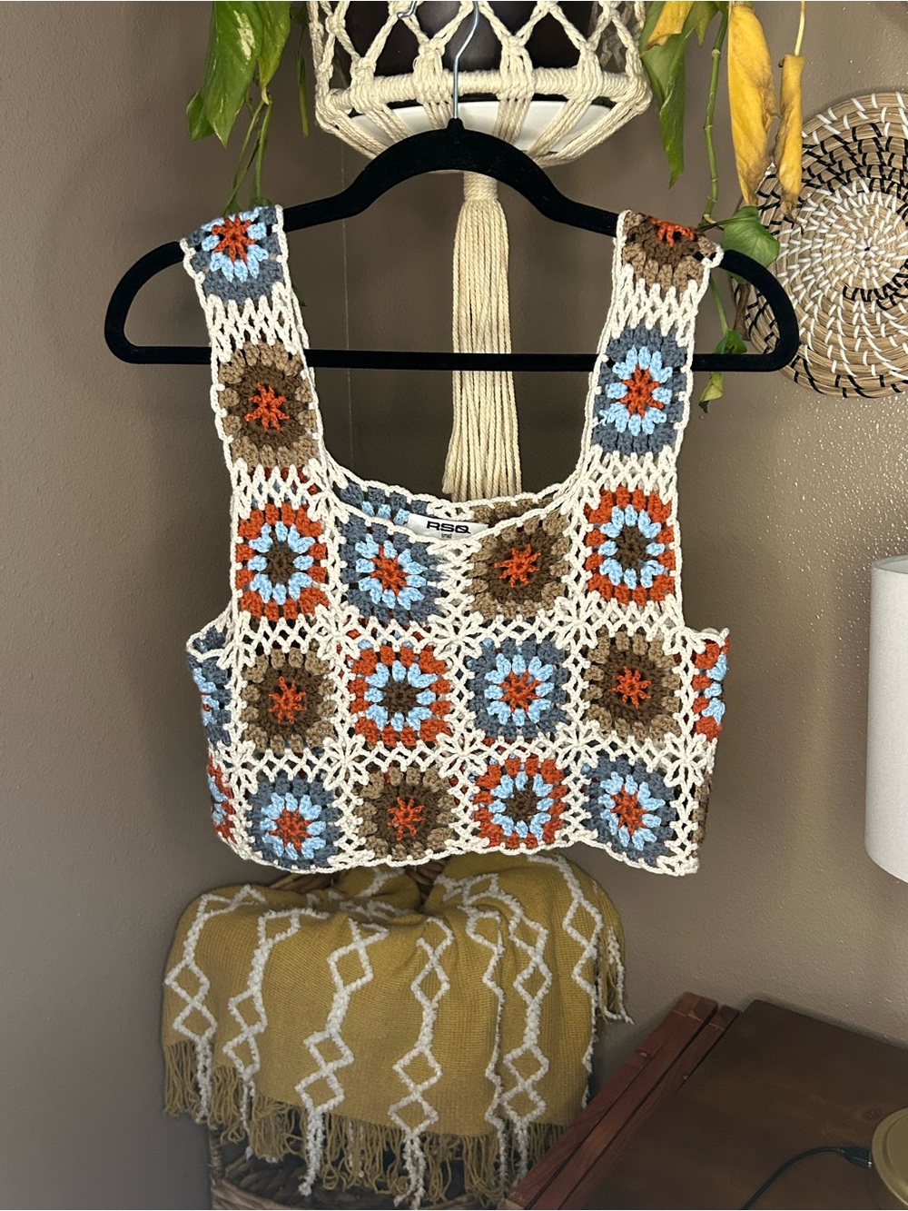 RSQ Crochet Crop Tank Top - Cream, Blue & Brown with Orange Accents